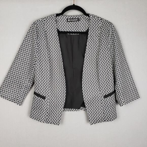 Allegra K Size XS Open Front Career Jacket Black White Geometric Buisnesscore - Picture 1 of 9